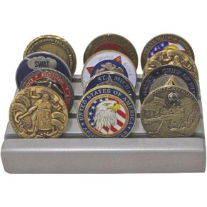 DisplayGifts Challenge Coin Display Stand Wooden Holder Rack Case Holds 12 Military Challenge Coins, Silver Finish