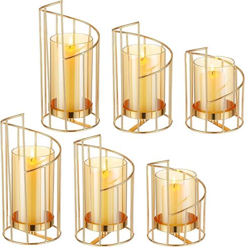 12 Pcs Gold Pillar Candle Holder Set Include 6 Glass Metal Wire Candle Holder 6 Decorative Candles Tea Light Candle Table Centerpiece Candlesticks Holder for Home Wedding, Spiral, 3 Size in Saudi Arabia