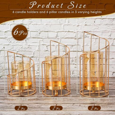12 Pcs Gold Pillar Candle Holder Set Include 6 Glass Metal Wire Candle Holder 6 Decorative Candles Tea Light Candle Table Centerpiece Candlesticks Holder for Home Wedding, Spiral, 3 Size in Saudi Arabia