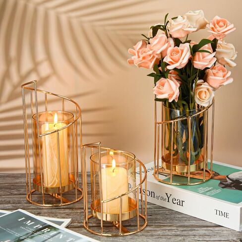 12 Pcs Gold Pillar Candle Holder Set Include 6 Glass Metal Wire Candle Holder 6 Decorative Candles Tea Light Candle Table Centerpiece Candlesticks Holder for Home Wedding, Spiral, 3 Size in Saudi Arabia