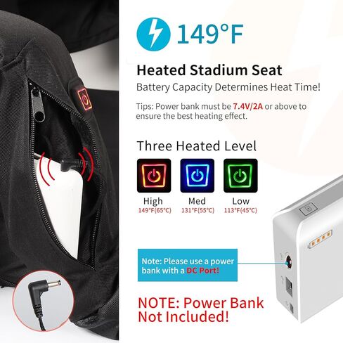 Heated Bleacher Seat DC 7.4V Port,Portable Stadium Chairs for Bleachers with Back Support, 4 Pockets, Adjustable Arms,6 Reclining Positions Thick Cushion Heated Seats- Power Bank Not Included in Kuwait