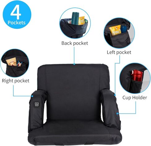 Heated Bleacher Seat DC 7.4V Port,Portable Stadium Chairs for Bleachers with Back Support, 4 Pockets, Adjustable Arms,6 Reclining Positions Thick Cushion Heated Seats- Power Bank Not Included in Kuwait