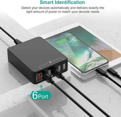 شاحن سطح المكتب USB، محطة شحن USB ذات 6 منافذ، محور شاحن، شاحن USB متعدد، محول طاقة USB لأجهزة iPhone X، 7، iPad، Samsung Galaxy S8 S8 Edge، LG G5، Nexus جميع الهواتف الذكية in Kuwait