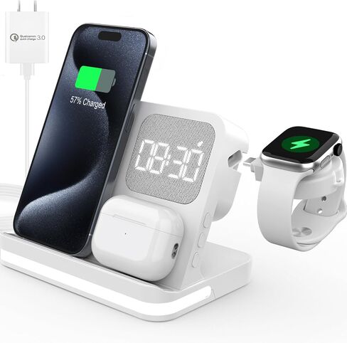 محطة شحن لاسلكية HATALKIN 3 في 1 لأجهزة Apple مع ساعة منبه متوافقة مع Apple Watch Ultra 9 8 7 SE 6 5 4، iPhone 15 14 13 12 11 Pro Max Mini XS 8/Airpods/Samsung/Google in Saudi Arabia