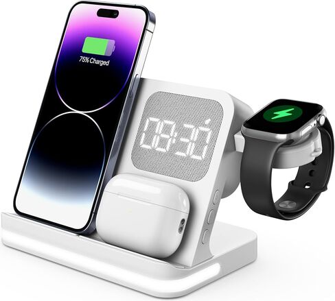 محطة شحن لاسلكية HATALKIN 3 في 1 لأجهزة Apple مع ساعة منبه متوافقة مع Apple Watch Ultra 9 8 7 SE 6 5 4، iPhone 15 14 13 12 11 Pro Max Mini XS 8/Airpods/Samsung/Google in Saudi Arabia