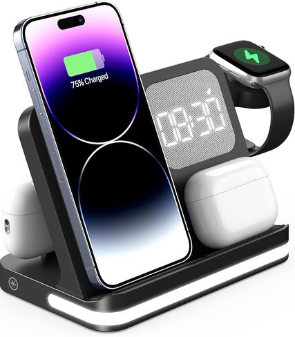 محطة شحن لاسلكية HATALKIN 3 في 1 لأجهزة Apple مع ساعة منبه متوافقة مع Apple Watch Ultra 9 8 7 SE 6 5 4، iPhone 15 14 13 12 11 Pro Max Mini XS 8/Airpods/Samsung/Google in Kuwait