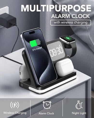 محطة شحن لاسلكية HATALKIN 3 في 1 لأجهزة Apple مع ساعة منبه متوافقة مع Apple Watch Ultra 9 8 7 SE 6 5 4، iPhone 15 14 13 12 11 Pro Max Mini XS 8/Airpods/Samsung/Google in Kuwait
