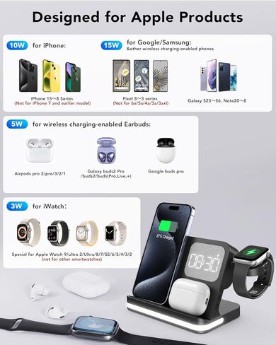 محطة شحن لاسلكية HATALKIN 3 في 1 لأجهزة Apple مع ساعة منبه متوافقة مع Apple Watch Ultra 9 8 7 SE 6 5 4، iPhone 15 14 13 12 11 Pro Max Mini XS 8/Airpods/Samsung/Google in Kuwait