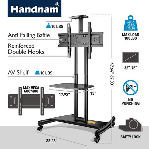 HANDNAM Mobile TV Stand, Rolling TV Cart for 32-75 Inch Flat/Curved LED/LCD/OLED/4K, Portable TV Stand on Wheels Holds Up to 100 lbs, Height Adjustable Outdoor TV Stand Trolley Max VESA 600x400mm in Saudi Arabia