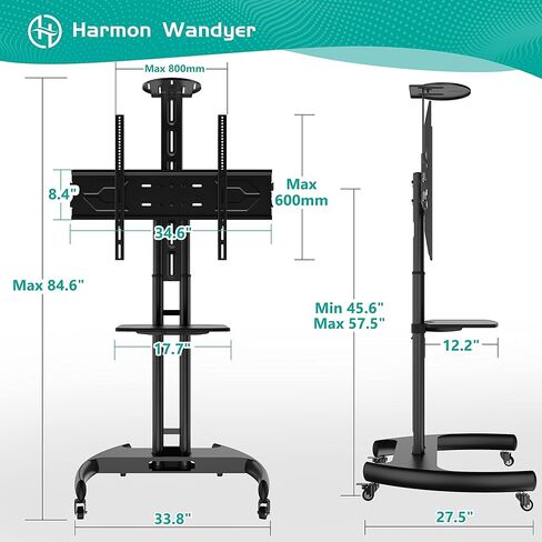 حامل تلفزيون متنقل حامل تلفزيون متدحرج مع عربة تلفزيون بعجلات لشاشات 32-100 بوصة بحد أقصى VESA 800 × 600 مم LED LCD مسطحة منحنية، حامل أرضي بعجلات قابل للتعديل مع رف للمكتب المنزلي in Kuwait