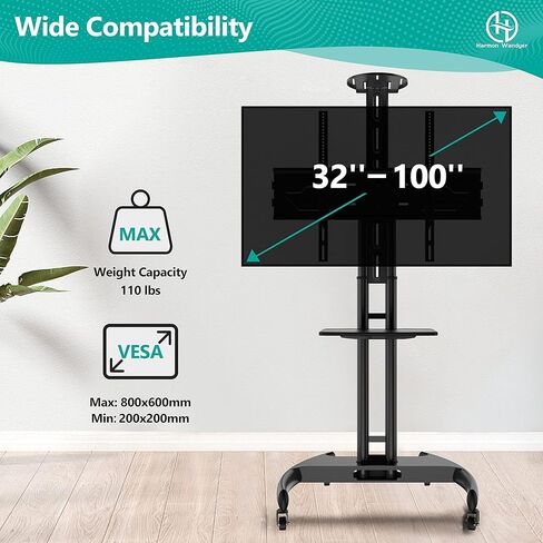 حامل تلفزيون متنقل حامل تلفزيون متدحرج مع عربة تلفزيون بعجلات لشاشات 32-100 بوصة بحد أقصى VESA 800 × 600 مم LED LCD مسطحة منحنية، حامل أرضي بعجلات قابل للتعديل مع رف للمكتب المنزلي in Kuwait