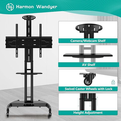 حامل تلفزيون متنقل حامل تلفزيون متدحرج مع عربة تلفزيون بعجلات لشاشات 32-100 بوصة بحد أقصى VESA 800 × 600 مم LED LCD مسطحة منحنية، حامل أرضي بعجلات قابل للتعديل مع رف للمكتب المنزلي in Kuwait