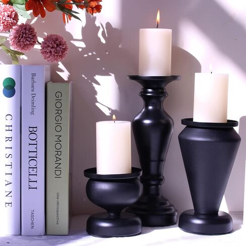 مجموعة حامل شموع عمود أسود من 3 قطع، ديكور شموع المزرعة المنزلية مجموعة حامل شموع عمود حديد أسود مجموعة حامل الشمعدان in Kuwait