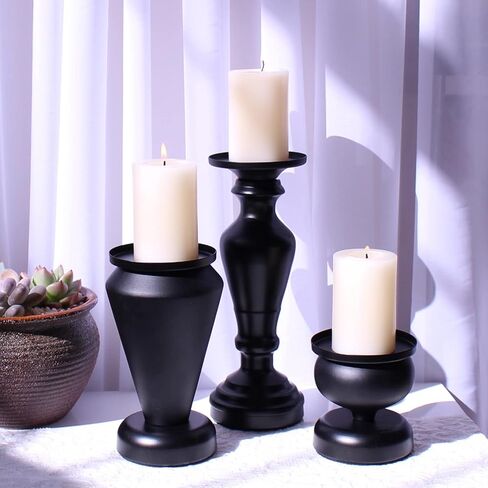 مجموعة حامل شموع عمود أسود من 3 قطع، ديكور شموع المزرعة المنزلية مجموعة حامل شموع عمود حديد أسود مجموعة حامل الشمعدان in Kuwait