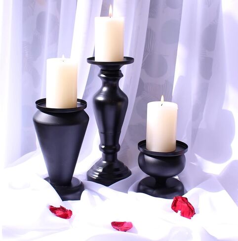 مجموعة حامل شموع عمود أسود من 3 قطع، ديكور شموع المزرعة المنزلية مجموعة حامل شموع عمود حديد أسود مجموعة حامل الشمعدان in Kuwait