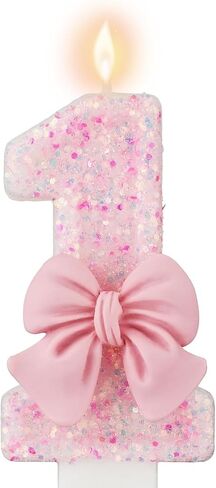 Pink Number 0 Birthday Candle, Girl ​Birthday Party Pink Theme Decorations Supplies, 3D Bow Designed Glitter Pink Number Candles for Birthday Cake Topper Decorations (0 Candle Pink) in Saudi Arabia