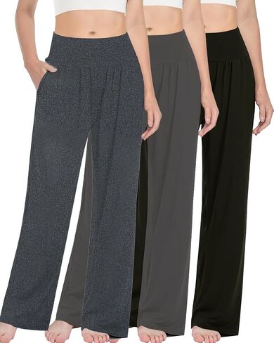 3PACK المرأة عارضة فضفاض واسعة الساق السراويل المريحة اليوغا عالية الخصر Sweatpants مريح صالة السراويل مع السراويل مع جيوب in Kuwait