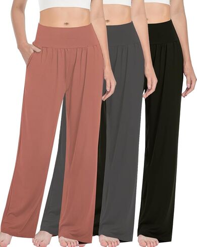 3PACK المرأة عارضة فضفاض واسعة الساق السراويل المريحة اليوغا عالية الخصر Sweatpants مريح صالة السراويل مع السراويل مع جيوب in Kuwait