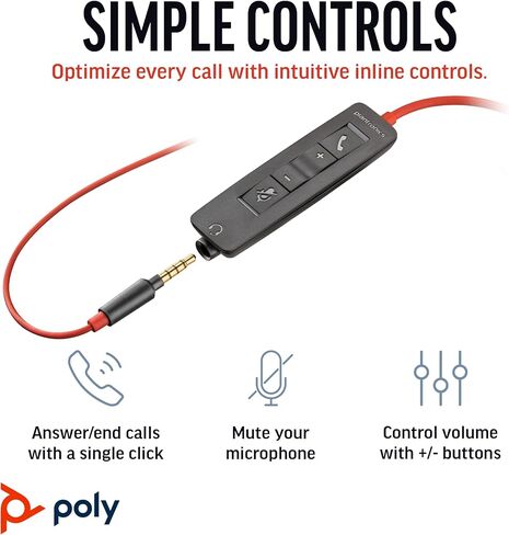 سماعة رأس سلكية Poly Blackwire 3225 (Plantronics) - ميكروفون مانع للضوضاء - تصميم استريو - يمكن توصيلها بجهاز الكمبيوتر/Mac/الهاتف المحمول عبر USB-C، أو USB-A، أو 3.5 مم - تعمل مع فرق، Zoom - حصريًا لأمازون in Kuwait
