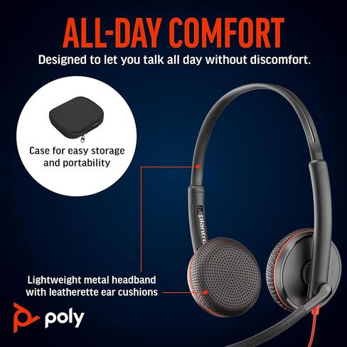 سماعة رأس سلكية Poly Blackwire 3225 (Plantronics) - ميكروفون مانع للضوضاء - تصميم استريو - يمكن توصيلها بجهاز الكمبيوتر/Mac/الهاتف المحمول عبر USB-C، أو USB-A، أو 3.5 مم - تعمل مع فرق، Zoom - حصريًا لأمازون in Kuwait