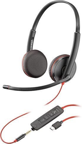 سماعة رأس سلكية Poly Blackwire 3225 (Plantronics) - ميكروفون مانع للضوضاء - تصميم استريو - يمكن توصيلها بجهاز الكمبيوتر/Mac/الهاتف المحمول عبر USB-C، أو USB-A، أو 3.5 مم - تعمل مع فرق، Zoom - حصريًا لأمازون in Kuwait