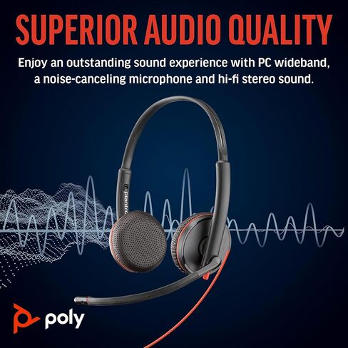 سماعة رأس سلكية Poly Blackwire 3225 (Plantronics) - ميكروفون مانع للضوضاء - تصميم استريو - يمكن توصيلها بجهاز الكمبيوتر/Mac/الهاتف المحمول عبر USB-C، أو USB-A، أو 3.5 مم - تعمل مع فرق، Zoom - حصريًا لأمازون in Kuwait