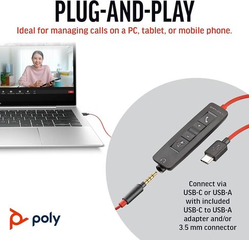 سماعة رأس سلكية Poly Blackwire 3225 (Plantronics) - ميكروفون مانع للضوضاء - تصميم استريو - يمكن توصيلها بجهاز الكمبيوتر/Mac/الهاتف المحمول عبر USB-C، أو USB-A، أو 3.5 مم - تعمل مع فرق، Zoom - حصريًا لأمازون in Kuwait