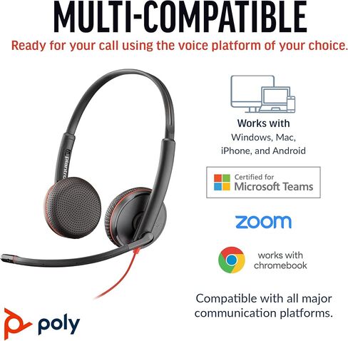 سماعة رأس سلكية Poly Blackwire 3225 (Plantronics) - ميكروفون مانع للضوضاء - تصميم استريو - يمكن توصيلها بجهاز الكمبيوتر/Mac/الهاتف المحمول عبر USB-C، أو USB-A، أو 3.5 مم - تعمل مع فرق، Zoom - حصريًا لأمازون in Kuwait