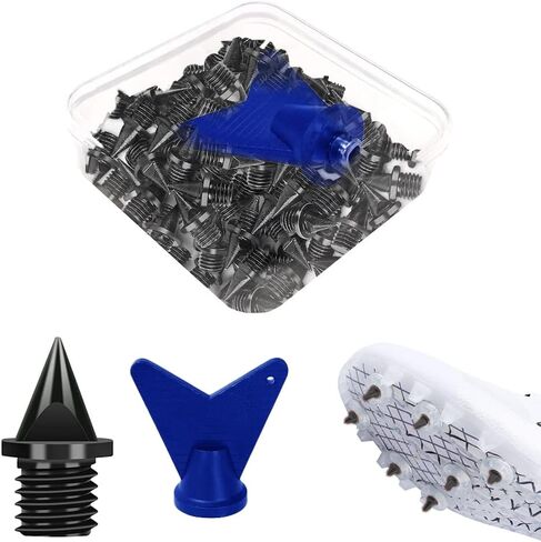 مسامير المسار لاستبدال الأحذية 100 قطعة، مسامير Funwaretech Cross Country بطول 1/4 بوصة مسامير هرمية من الفولاذ المقاوم للصدأ مع صندوق ومفتاح ربط للجري والمشي لمسافات طويلة والقفز العالي ورياضات العدو (أسود) in Kuwait