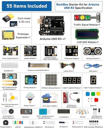مجموعة أدوات UNO R3 للمبتدئين والبرنامج التعليمي (55 عنصرًا)، مع بطاقة الذاكرة، تستخدم الرقائق الأصلية المتوافقة مع Arduino IDE in Kuwait