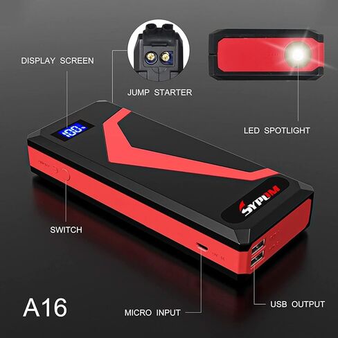 حزمة بطارية 4150A Peak Jump Starter - صندوق قفز 12 فولت لجميع أنواع الغاز/ما يصل إلى 12 لتر ديزل - بنك طاقة USB مزدوج، ضوء الطوارئ (أحمر) in Saudi Arabia