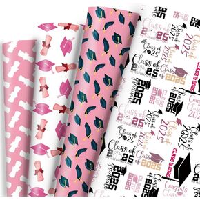 Vnaaem Pink Graduation Wrapping Paper 2024-4 Designs Grad Gift Wrap Folded Flat for Girls Kids - 20 X 28Inches Per Sheet(8 Pack)