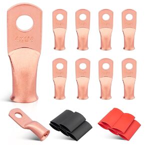 الذئب الأحمر 4 AWG 1/4 "Cable Cable Lug 10 PCs W/3: 1 Heat Shrink Tubing for Wiring Indulation Red Red 10 Pcs for Automotive Electrical 4 Gauge Wire Copper Lug Marine Grad