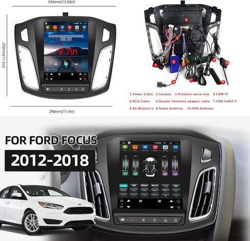 4G+64G Car Radio Carplay for Ford Focus 2012-2018, Rimoody Android 13 Car Stereo GPS Navigational WiFi Android auto Mirror Link 9.7’’ Touchscreen Bluetooth FM/RDS SWC + Backup Camera in Kuwait