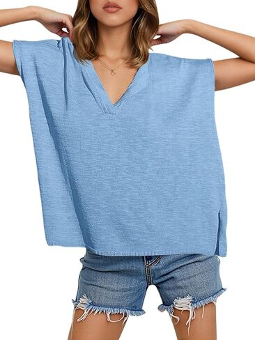 سترة نسائية Saodimallsu برقبة على شكل حرف V وأكمام قصيرة، قمصان صيفية كاجوال فضفاضة بمقاس جانبي وفتحة جانبية in Kuwait