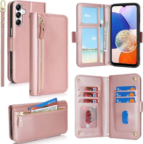 Jaorty Compatible with Samsung Galaxy A14 5G Wallet Case for Women Men,【RFID Blocking】PU Leather Phone Case with Card Holder for Samsung A14 5G,Wrist Strap Zipper Credit Card Slots Flip Cover,Dark Red in Kuwait
