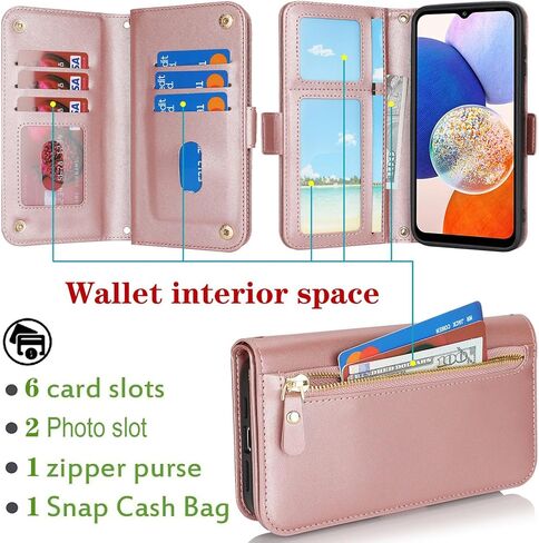 Jaorty Compatible with Samsung Galaxy A14 5G Wallet Case for Women Men,【RFID Blocking】PU Leather Phone Case with Card Holder for Samsung A14 5G,Wrist Strap Zipper Credit Card Slots Flip Cover,Dark Red in Kuwait