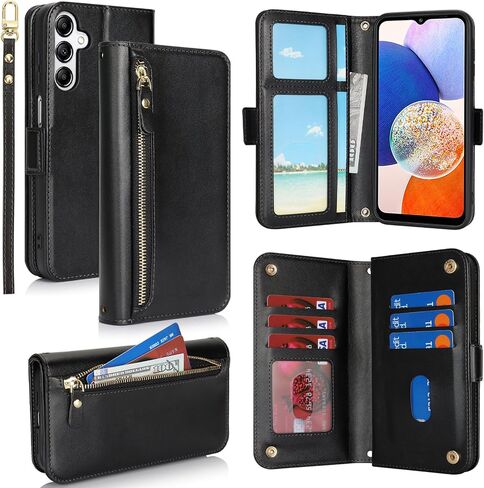 Jaorty Compatible with Samsung Galaxy A14 5G Wallet Case for Women Men,【RFID Blocking】PU Leather Phone Case with Card Holder for Samsung A14 5G,Wrist Strap Zipper Credit Card Slots Flip Cover,Dark Red in Kuwait