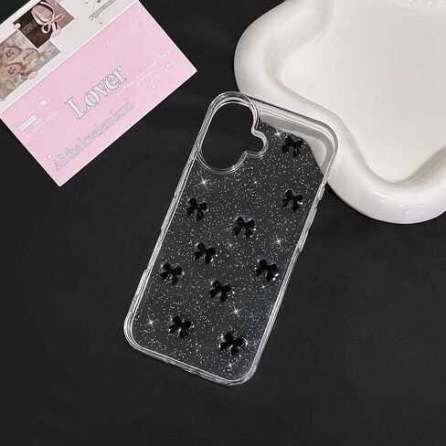 NITITOP Compatible with iPhone 13/14 / 15 Case Clear Cute Sparkly 3D Bow Bling Glitter Bowknot for Women Girls Ultra Slim Anti-Yellow Protective Phone Cover - Pink Bow in Kuwait