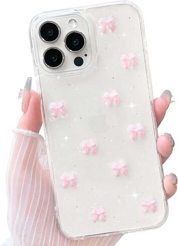 NITITOP Compatible with iPhone 13/14 / 15 Case Clear Cute Sparkly 3D Bow Bling Glitter Bowknot for Women Girls Ultra Slim Anti-Yellow Protective Phone Cover - Pink Bow in Kuwait