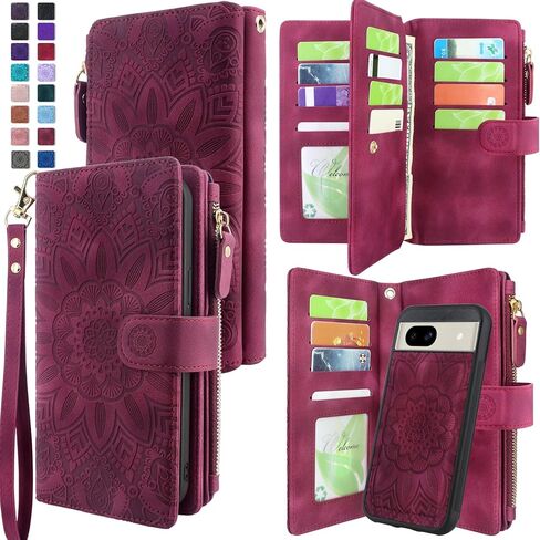 Harryshell Detachable Wallet Leather Case Compatible with Google Pixel 8a 2024 Magnetic Phone Case Zipper with Cash Coin Pocket Multi Card Slots Holder Wrist Strap Lanyard (Flower Blue Green) in Kuwait