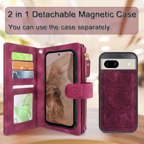 Harryshell Detachable Wallet Leather Case Compatible with Google Pixel 8a 2024 Magnetic Phone Case Zipper with Cash Coin Pocket Multi Card Slots Holder Wrist Strap Lanyard (Flower Blue Green) in Kuwait