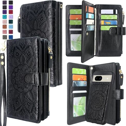 Harryshell Detachable Wallet Leather Case Compatible with Google Pixel 8a 2024 Magnetic Phone Case Zipper with Cash Coin Pocket Multi Card Slots Holder Wrist Strap Lanyard (Flower Blue Green) in Kuwait