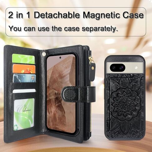 Harryshell Detachable Wallet Leather Case Compatible with Google Pixel 8a 2024 Magnetic Phone Case Zipper with Cash Coin Pocket Multi Card Slots Holder Wrist Strap Lanyard (Flower Blue Green) in Kuwait