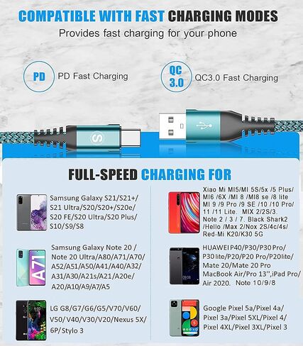 USB Type C Cable 3.1A Fast Charging [2Pack,3.3ft+3.3ft], USB-A to USB-C Charger Nylon Braided Cord for Samsung Galaxy S21 S20 S10 S9 S8 Plus,Note 20 10 9 8 7,A71 A51 A32,LG,Moto,PS5-Orange in Kuwait