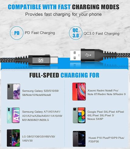 كابل USB Type C Cable 3.1a شحن سريع [2pack ، 3.3 قدم+3.3 قدم] ، سلك USB-A إلى USB-C Charger من نايلون سلك Samsung Galaxy S21 S20 S9 S8 Plus ، Note 20 10 9 8 7 ، A71 A51 A32 ، LG ، Moto ، PS5-Orange in Kuwait