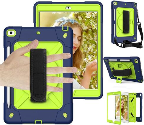 حالة لـ iPad 9/8/7 (10.2 بوصة طراز 2021/2020/2019 الجيل 9/8/7) ، غطاء حماية الصدمات الكامل مع حزام كتف معصم 360 درجة ، أسود/أزرق in Kuwait