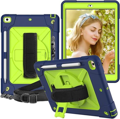حالة لـ iPad 9/8/7 (10.2 بوصة طراز 2021/2020/2019 الجيل 9/8/7) ، غطاء حماية الصدمات الكامل مع حزام كتف معصم 360 درجة ، أسود/أزرق in Kuwait