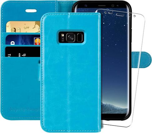 MONASAY Wallet Case Compatible for Galaxy S8, 5.8-inch, [Screen Protector Included][RFID Blocking] Flip Folio Leather Cell Phone Cover with Credit Card Holder, Black in Kuwait