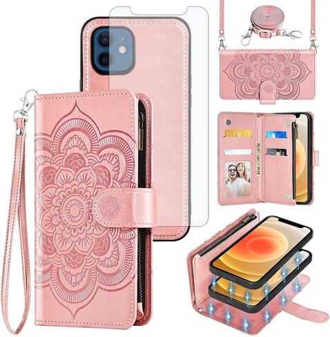 Asuwish Phone Case for iPhone 12 Mini 5.4 SHIPPER WALLET COLLE DISACHIPE COLLE WABLESTS GLASS SCREET SCREETROT STRAP SLOT SLIT IPHISTINE in Kuwait